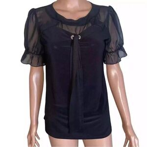 Z Adele & May Women’s Medium Short Blouson Sleeve Blouse Sheer Decor Tie